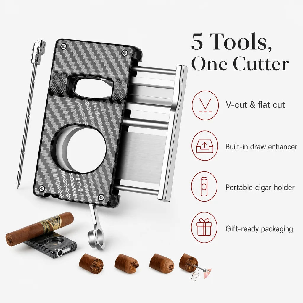 Key benefits of the 5-in-1 cigar cutter: V-cut, flat cut, punch, draw enhancer, holder