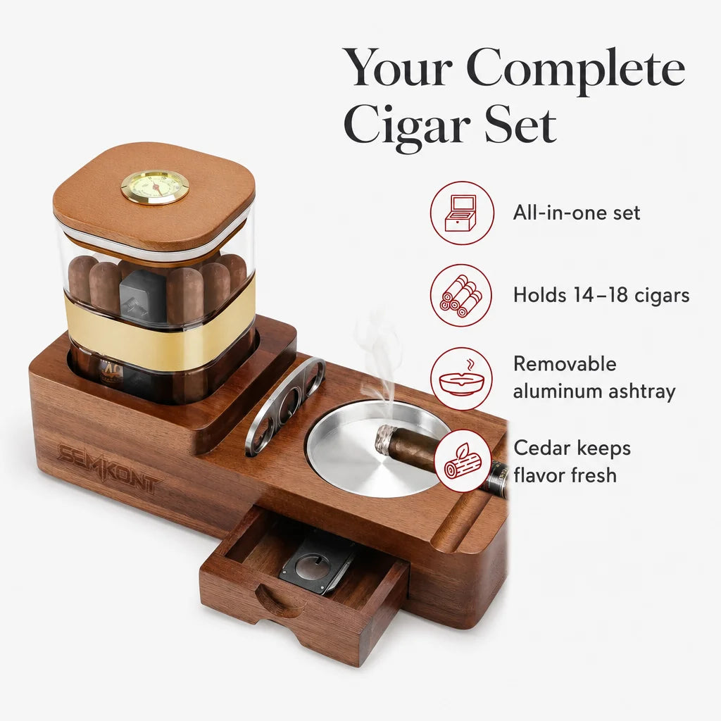 Key benefits of the SEMKONT cigar humidor set: hygrometer, sealed jar, aluminum ashtray