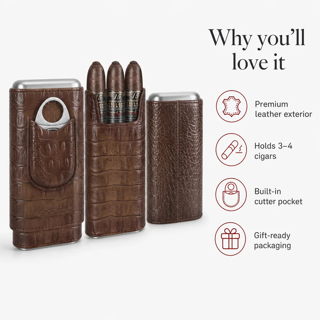 Key benefits of the Scotte portable cigar humidor case: cedar interior, cutter pocket, compact size
