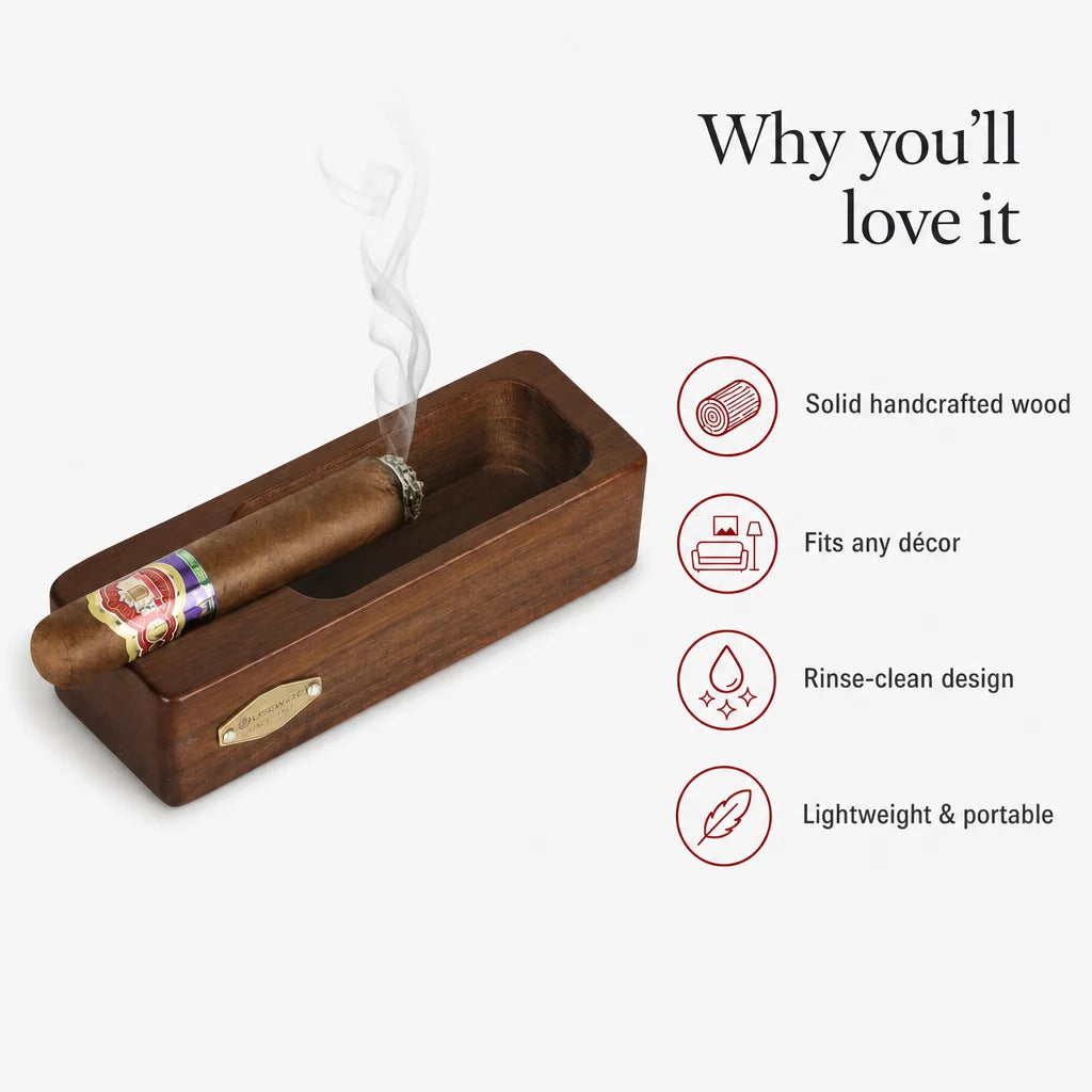 Key benefits of the wooden cigar ashtray: built-in rest, odor-neutral wood, easy clean