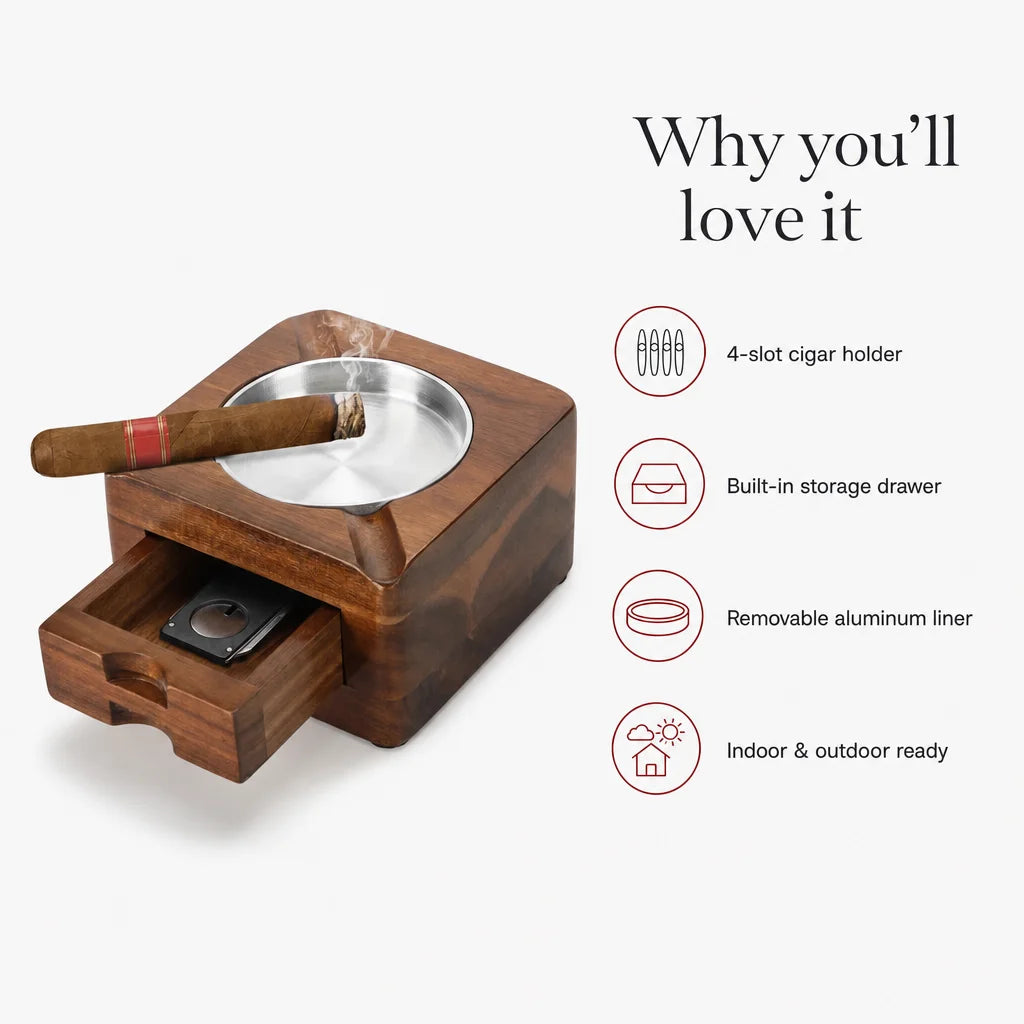 Key benefits of the 4-slot wooden cigar ashtray: hardwood frame, aluminum liner, and built-in drawer