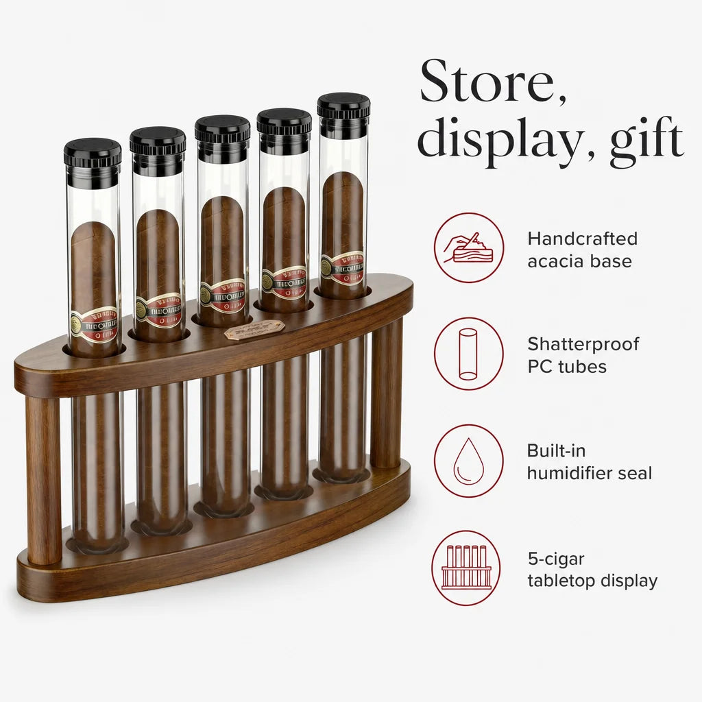 Key benefits of the desktop cigar tube humidor set: individual seals, built-in humidifiers, clear PC walls