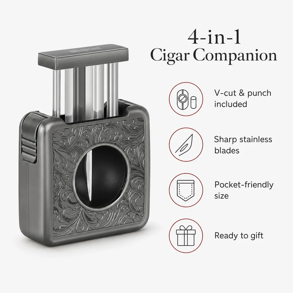 Key benefits of the SEMKONT 4-in-1 cigar cutter: V-cut blade, punch, holder, nubber