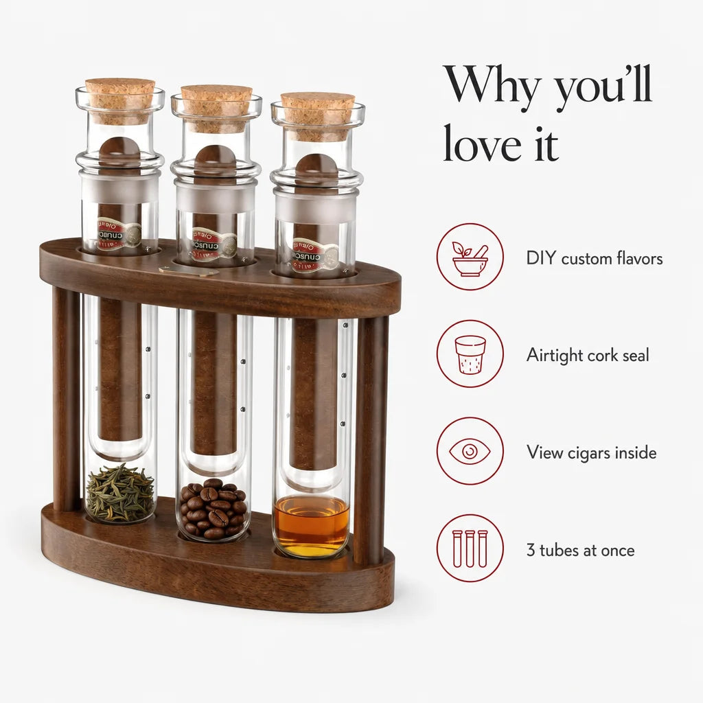Key benefits of cigar glass infusion tubes: vapor circulation, no liquid contact, 3 profiles
