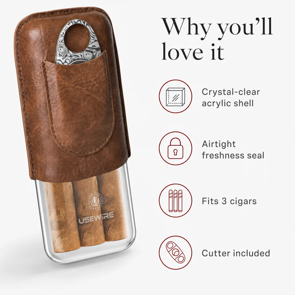 Key benefits of the 3-cigar acrylic travel humidor with stainless cutter