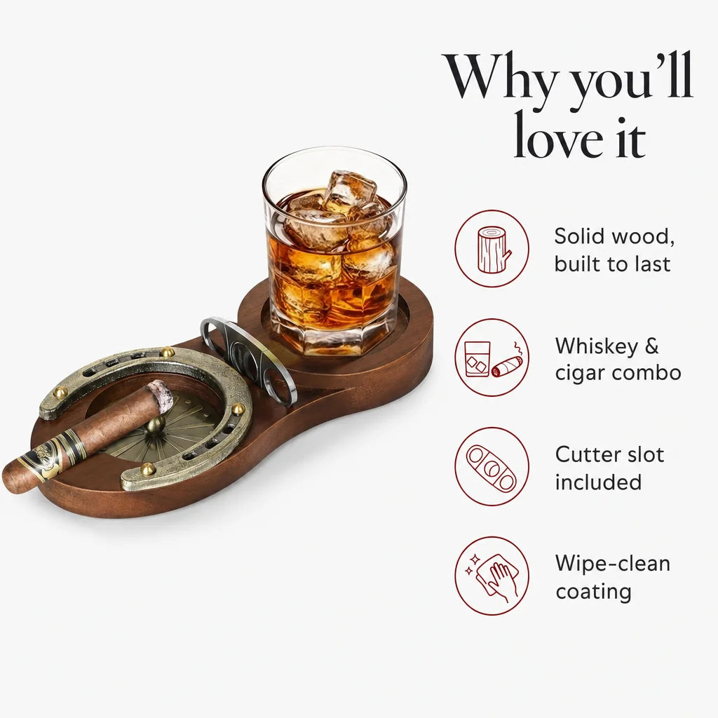 Key benefits of the horseshoe cigar ashtray: zinc alloy gasket, cutter slot, and solid wood tray