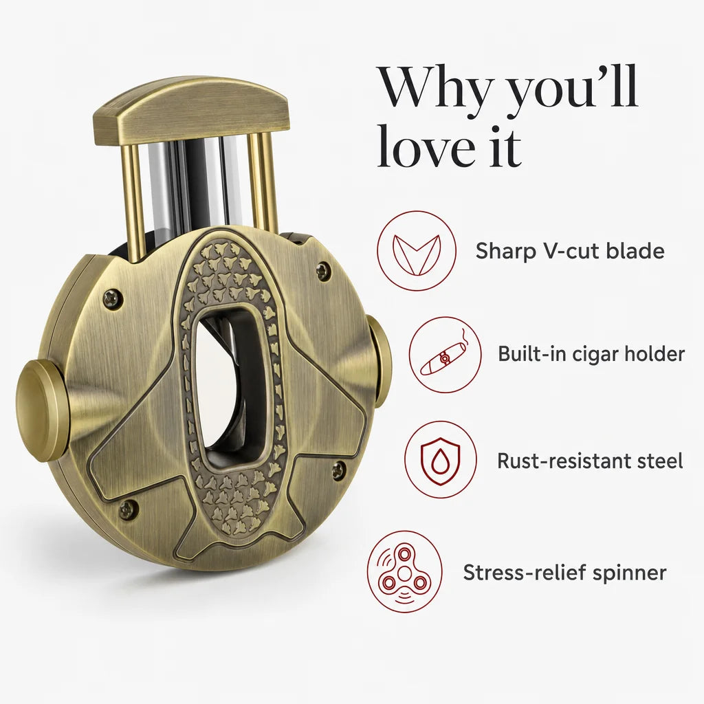 Key benefits of the Scotte V-cut cigar cutter: blade, integrated holder and decompression spinner