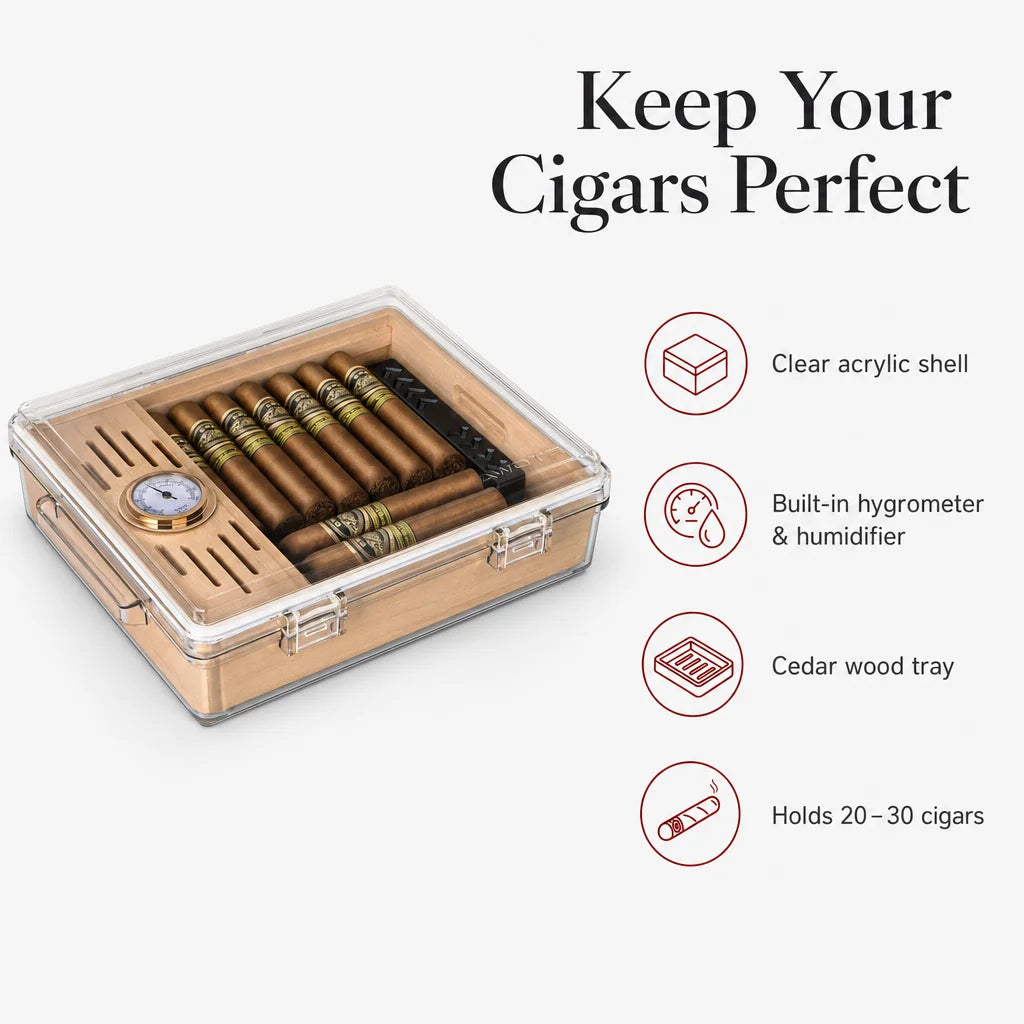 Key benefits of the clear acrylic cigar humidor: cedar tray, rubber seal, hygrometer