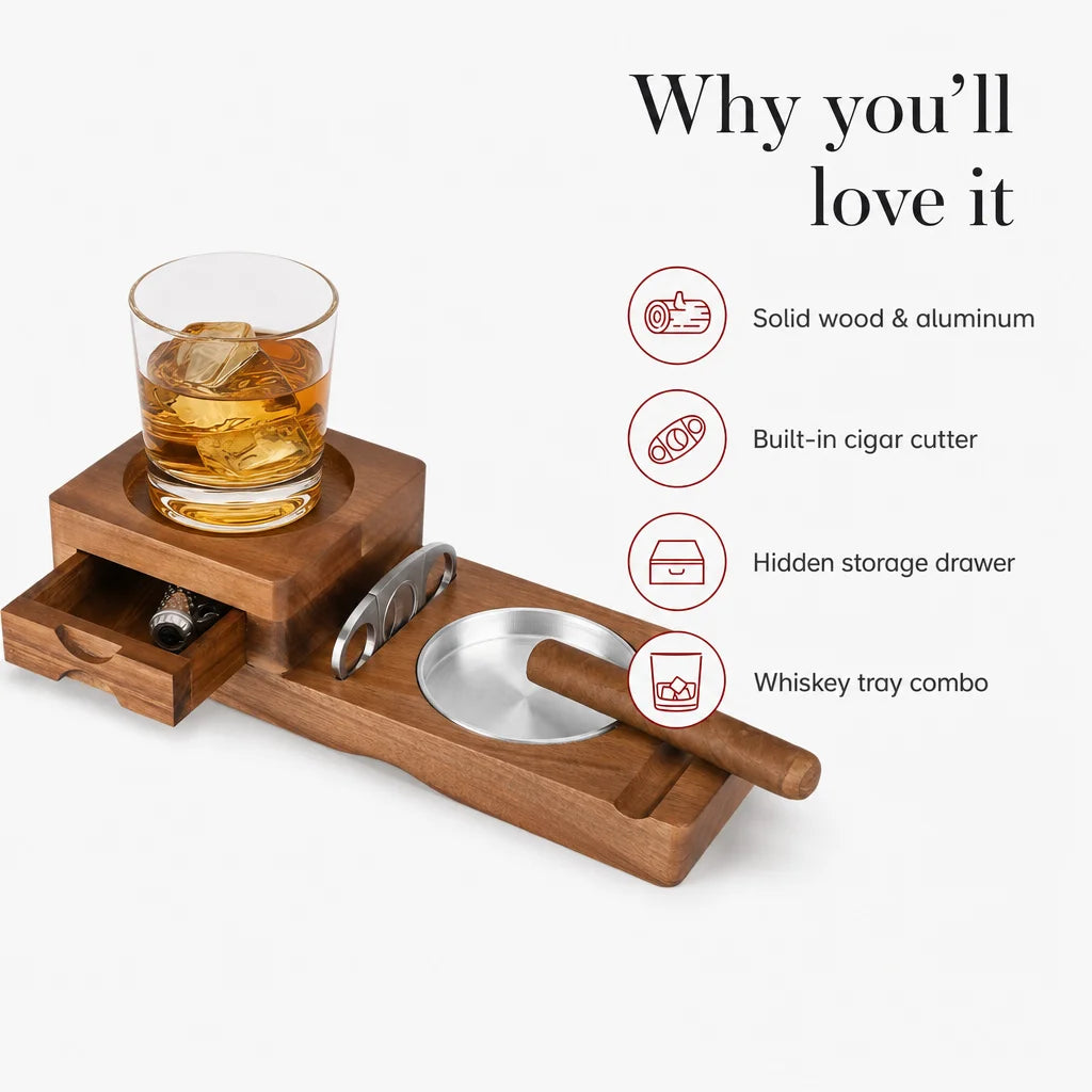 Scotte cigar and whiskey tray key benefits: aluminum bowl, cutter slot, accessory drawer