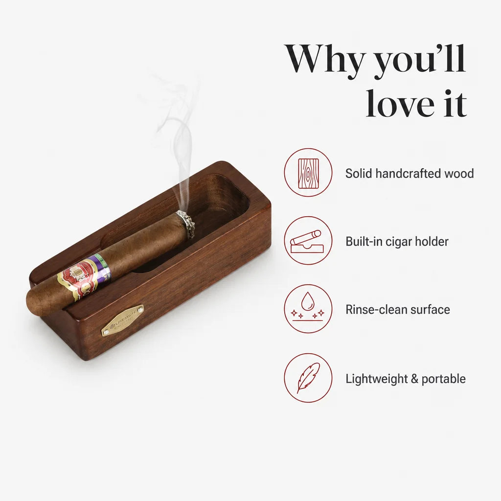 Wooden cigar ashtray key benefits: cigar rest, gold accent, grain finish