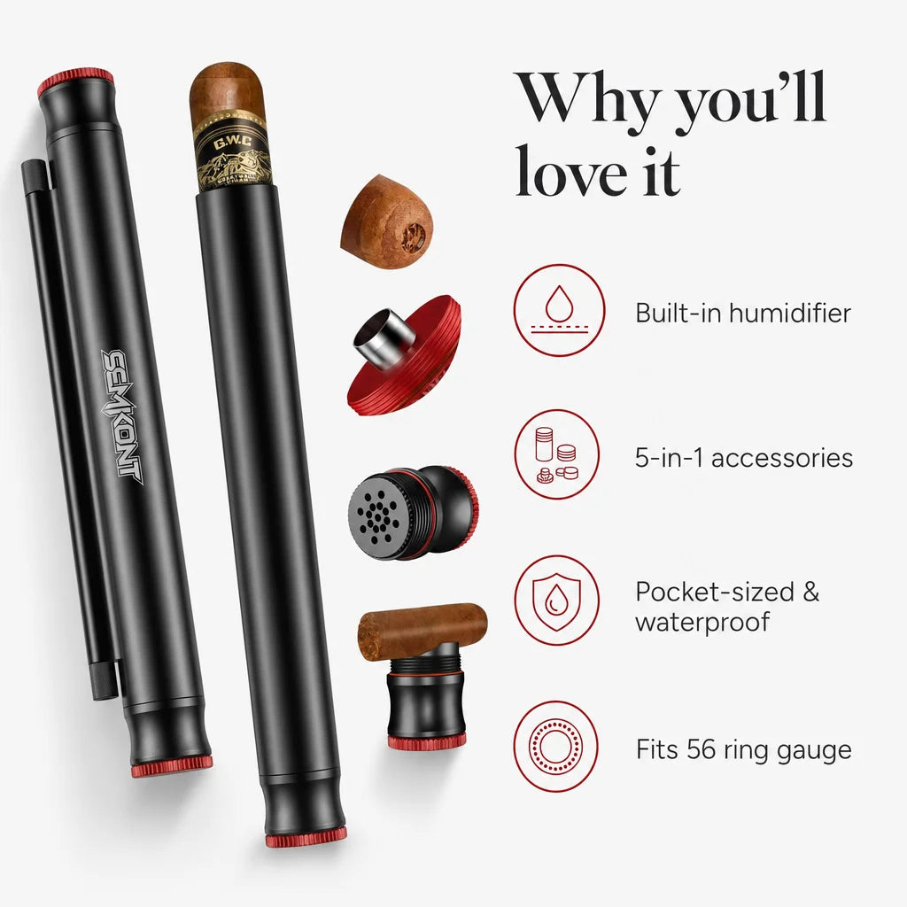 Five-in-one travel cigar tube benefits: humidifier, dual punch cutters, draw needles, cigar holder