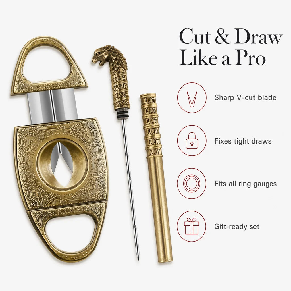 Key benefits of the Scotte V-cut cigar cutter: stainless blade, universal ring gauge fit, gift set