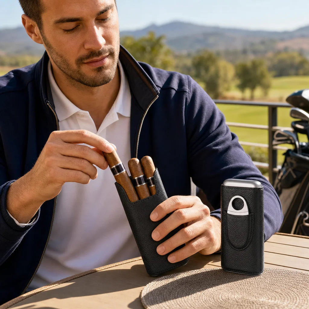 Leather cigar travel case on golf bag beside three premium cigars