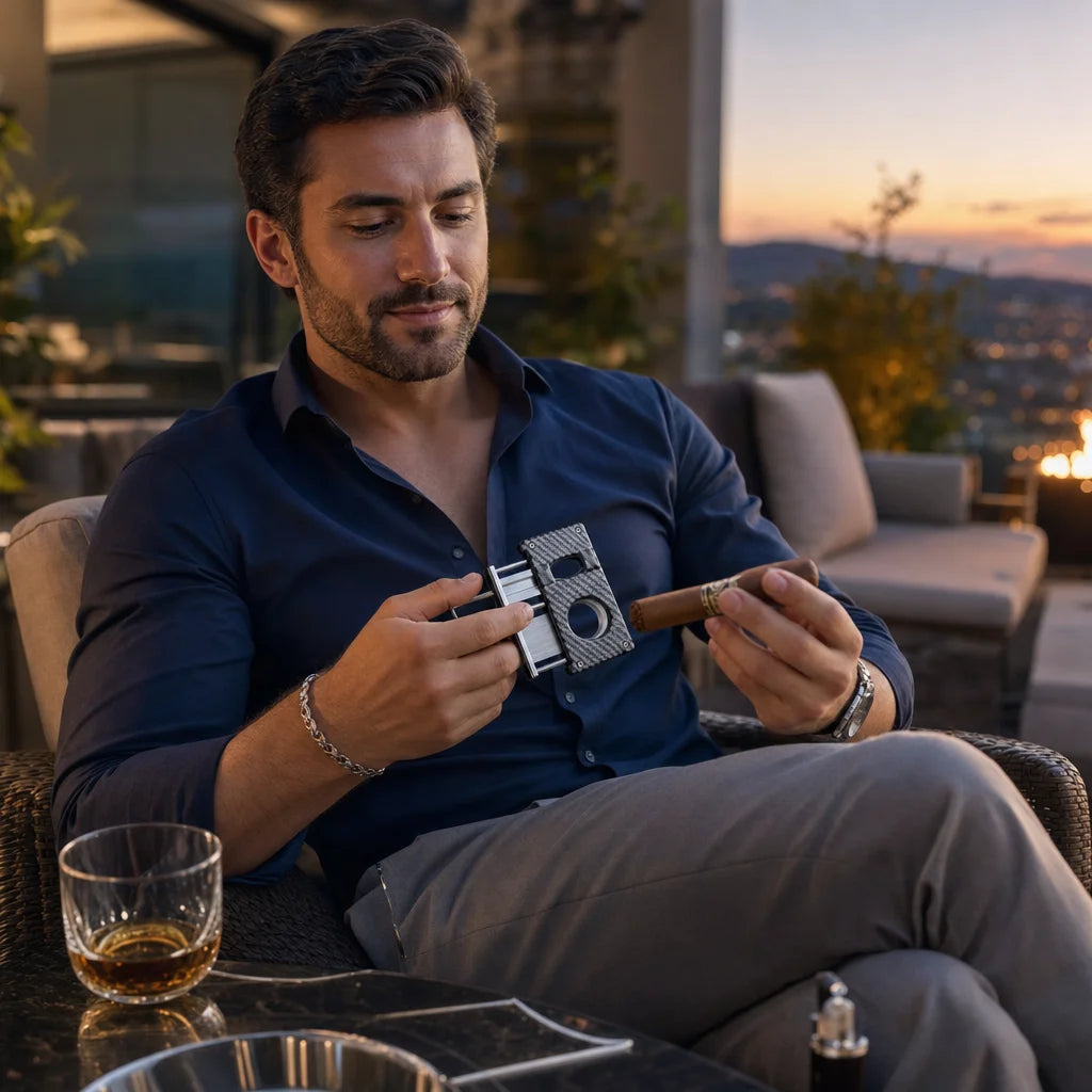 5-in-1 cigar cutter set in use on a wooden surface with a cigar resting in the holder