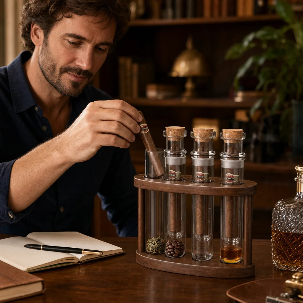 Cigar flavor infusion kit displayed on wooden stand on a desk with whiskey glass nearby
