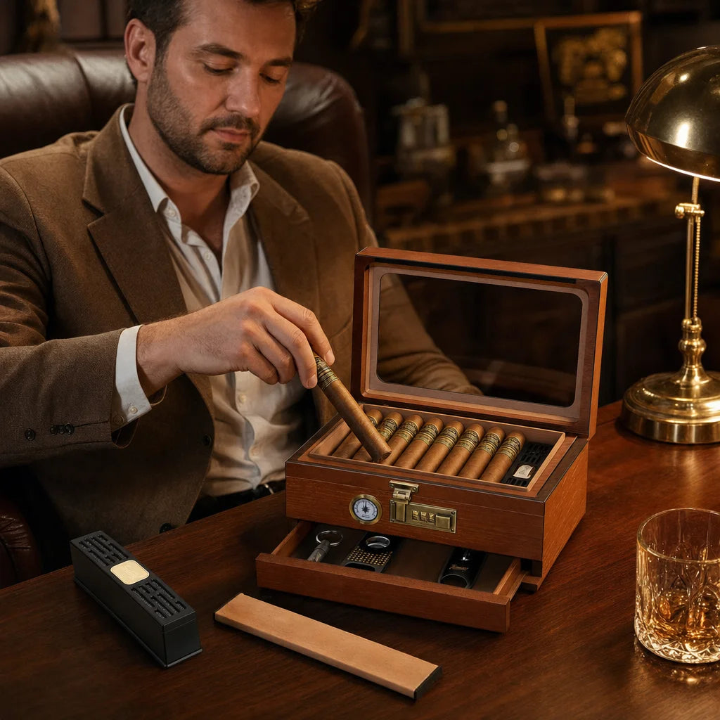 Cedar glass top cigar humidor styled on a home office desk with cigars inside