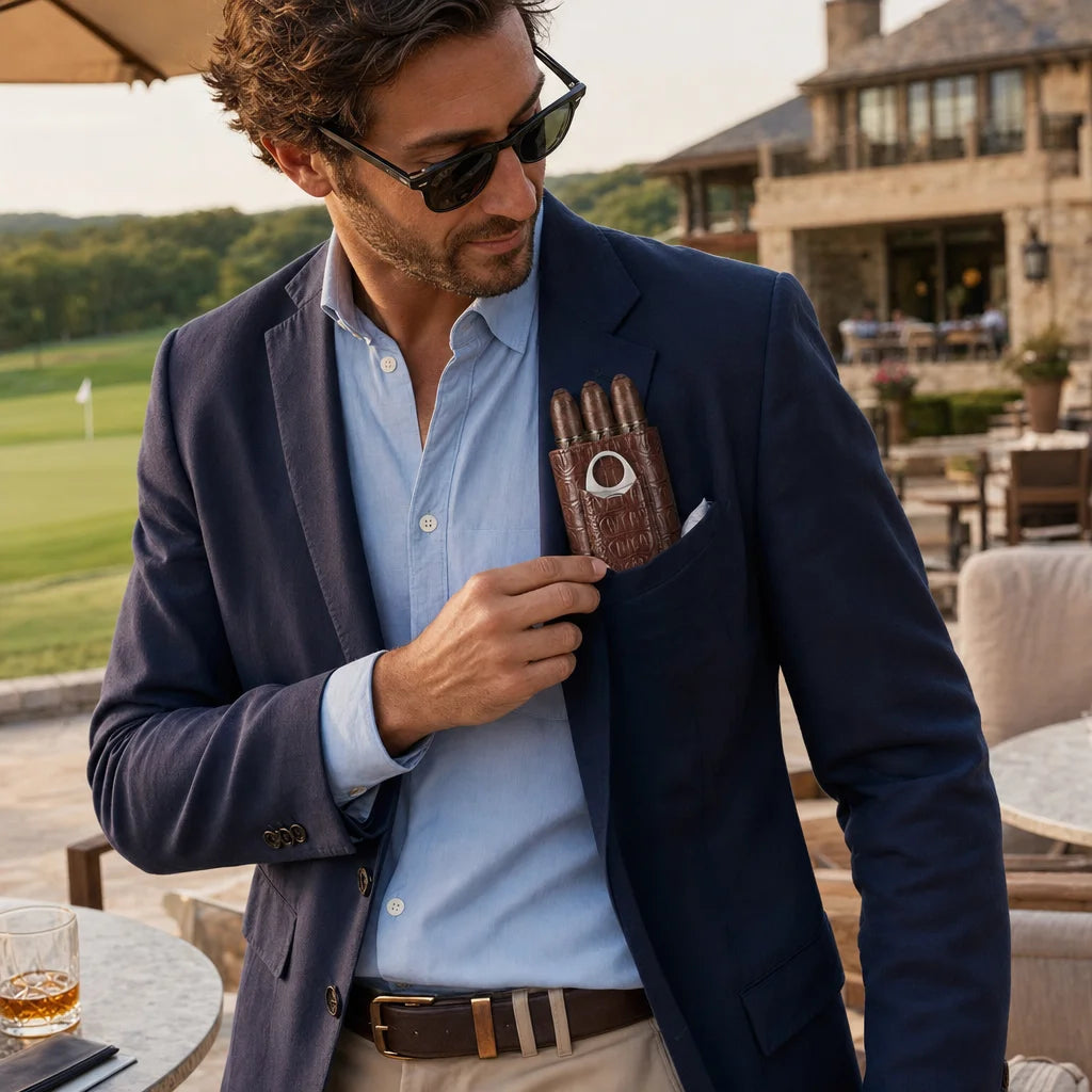 Scotte leather cigar case in use on a golf course, holding three cigars and a stainless cutter