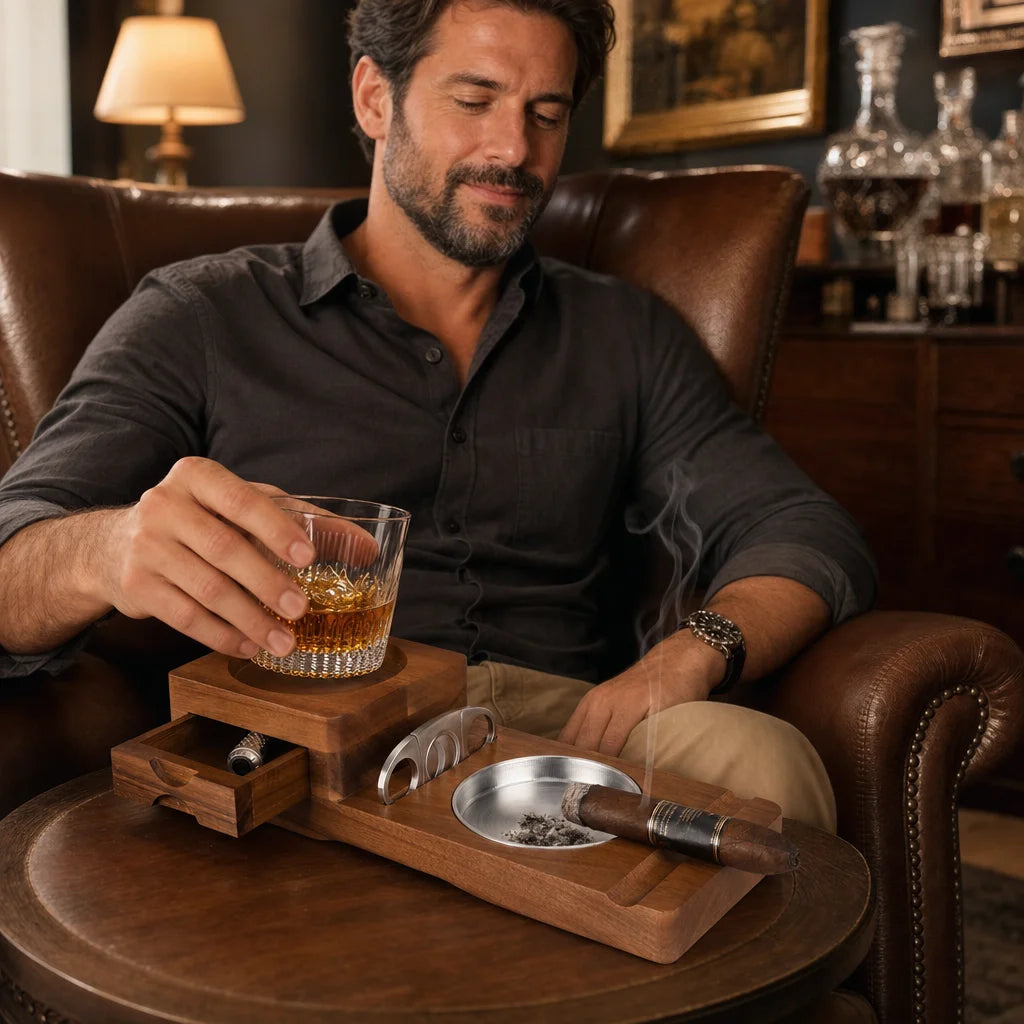 Scotte wooden cigar ashtray tray in use on a desk with a rocks glass and a resting robusto