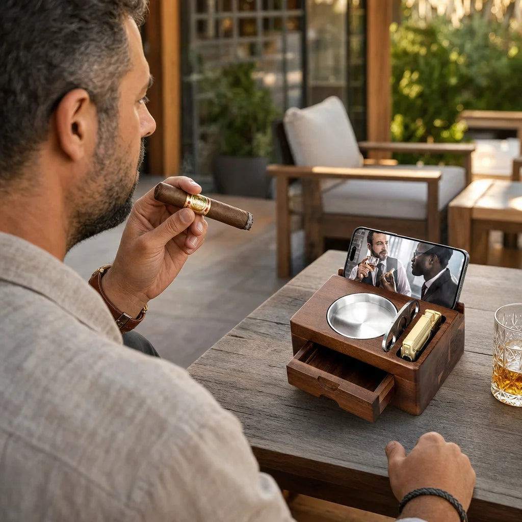 Wooden cigar ashtray with cigar resting in slot and phone propped in stand, lifestyle shot