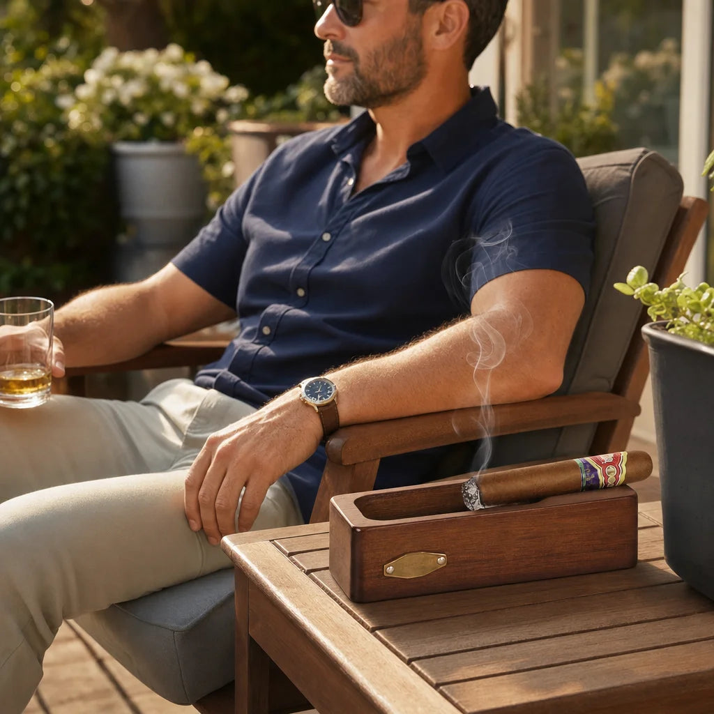 Wooden cigar ashtray in use on outdoor patio table with cigar resting on edge holder