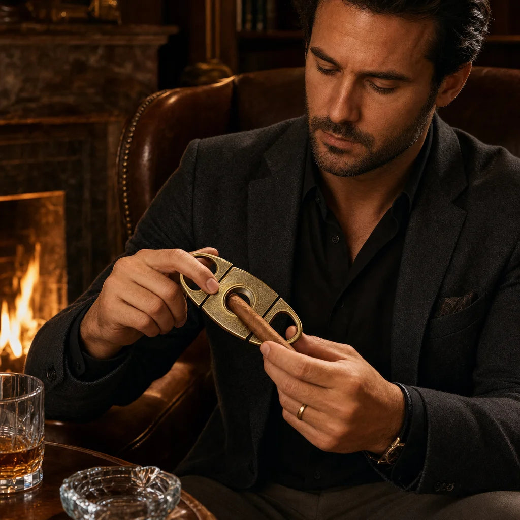 Scotte V-cut cigar cutter in use, cutting cap of a Toro cigar before lighting