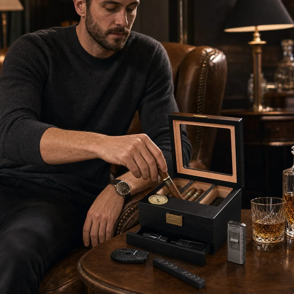 Cedar cigar humidor on a home bar with cigars visible through the glass top