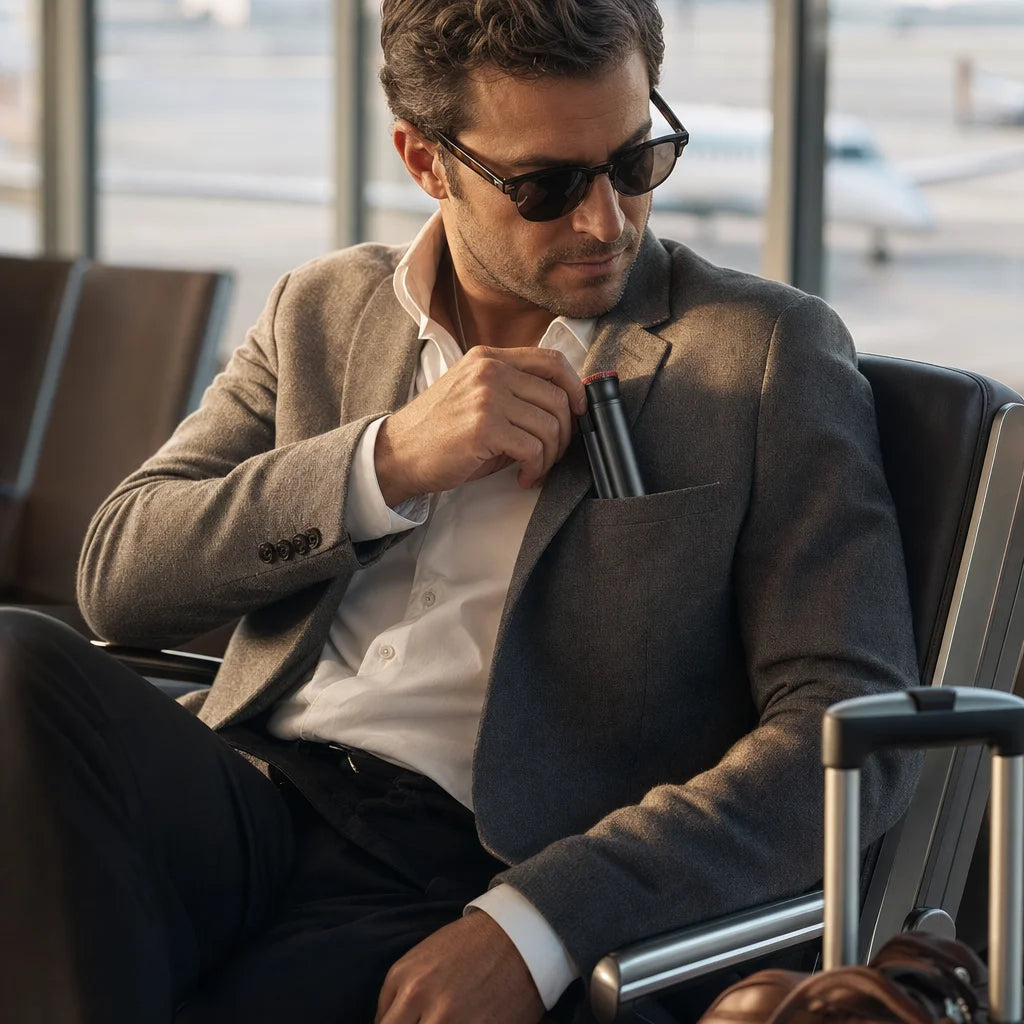 Portable aluminum cigar tube in jacket pocket, lifestyle shot showing compact travel size