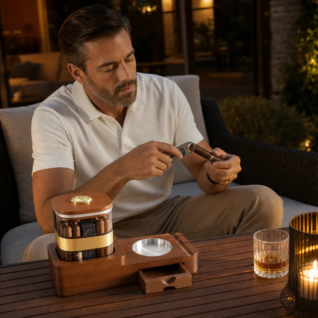 Cigar humidor gift set in use on a desk with cigars resting in the ashtray slots