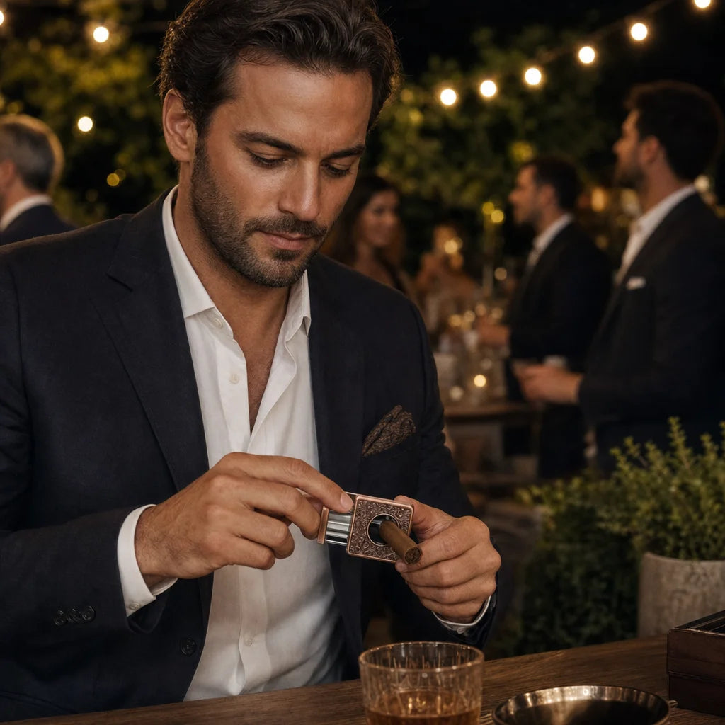 Cigar enthusiast using the 4-in-1 V-cut cigar cutter at a lounge, 60 ring gauge cigar