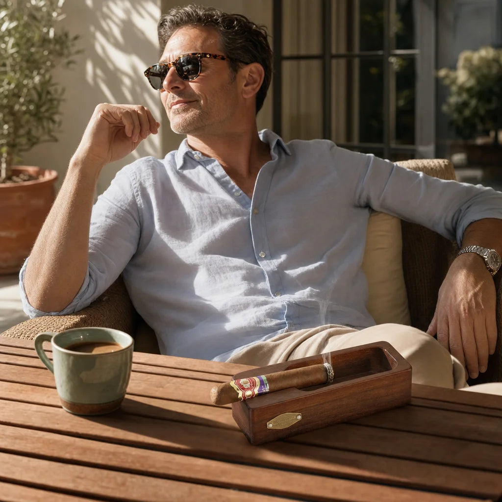 Solid wood cigar ashtray on desk lifestyle shot with cigar resting in notch