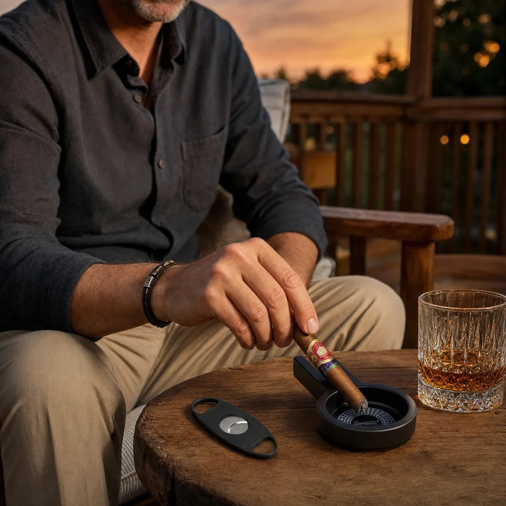 Cigar ashtray and V-cut cutter set in use on outdoor patio table