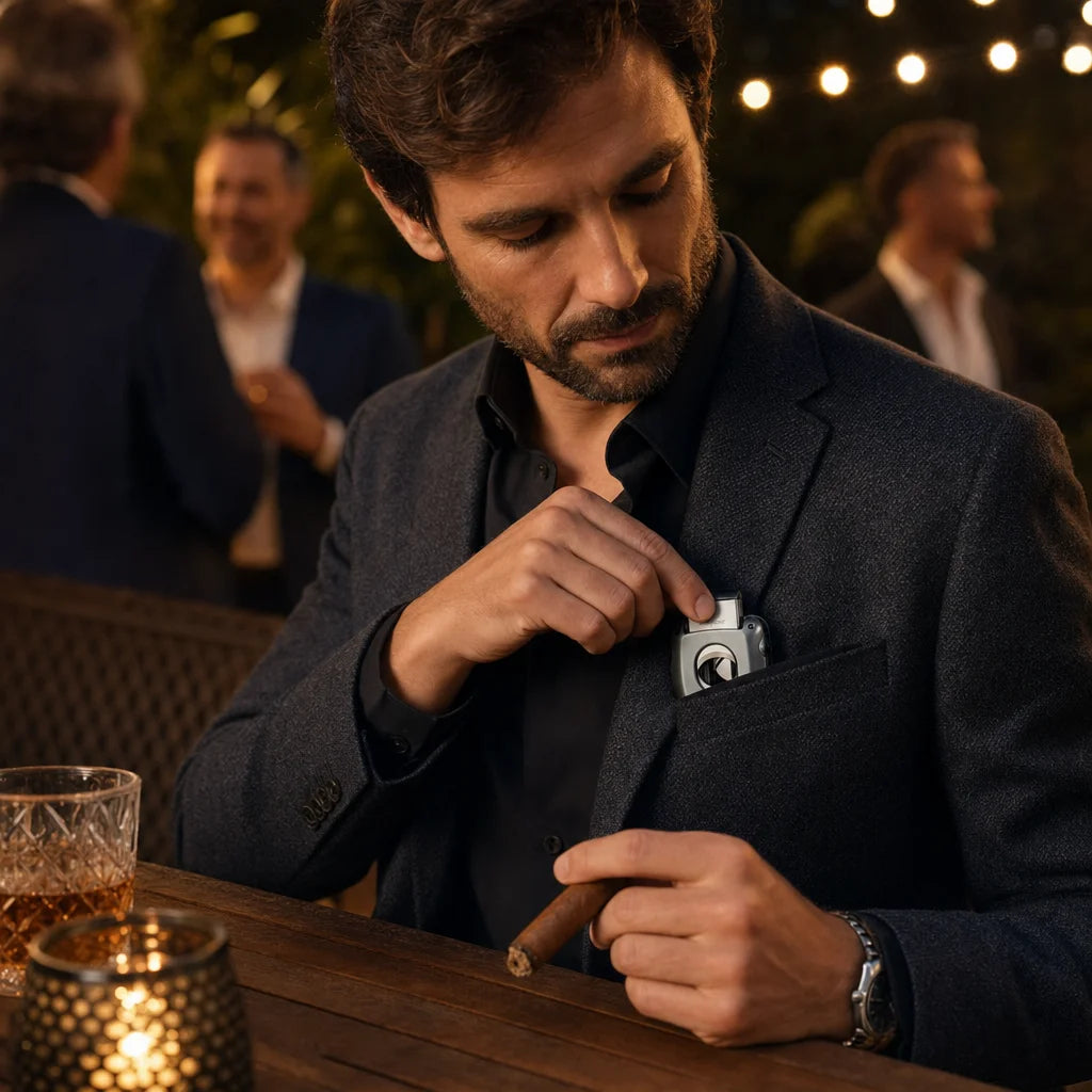 Cigar cutter in hand at a lounge table, spring mechanism open, ready to cut