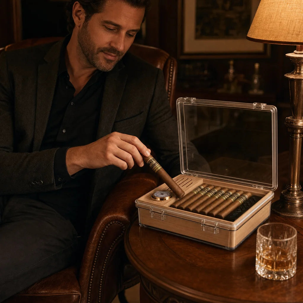 Acrylic cigar humidor displayed on a desk with 25 cigars inside cedar tray