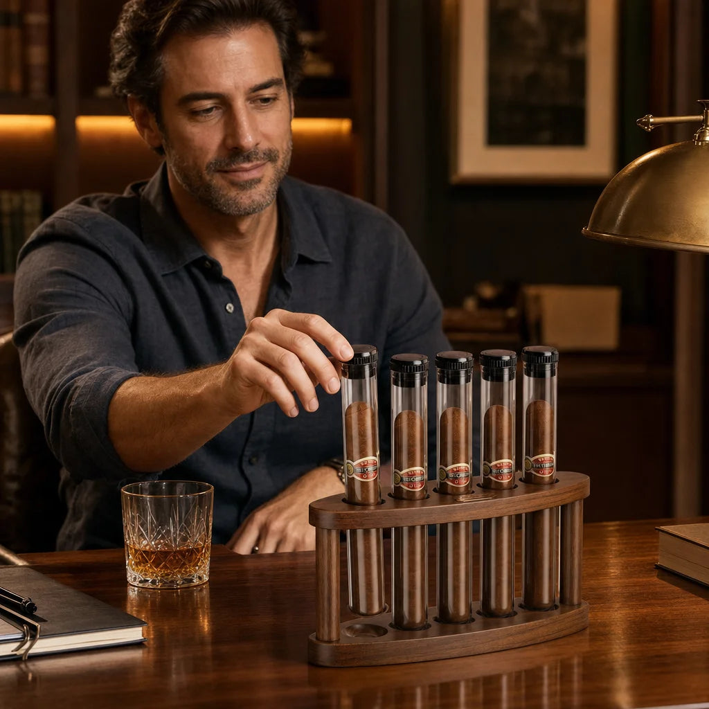 Cigar humidor gift set displayed on a home office desk with five cigars stored in transparent tubes