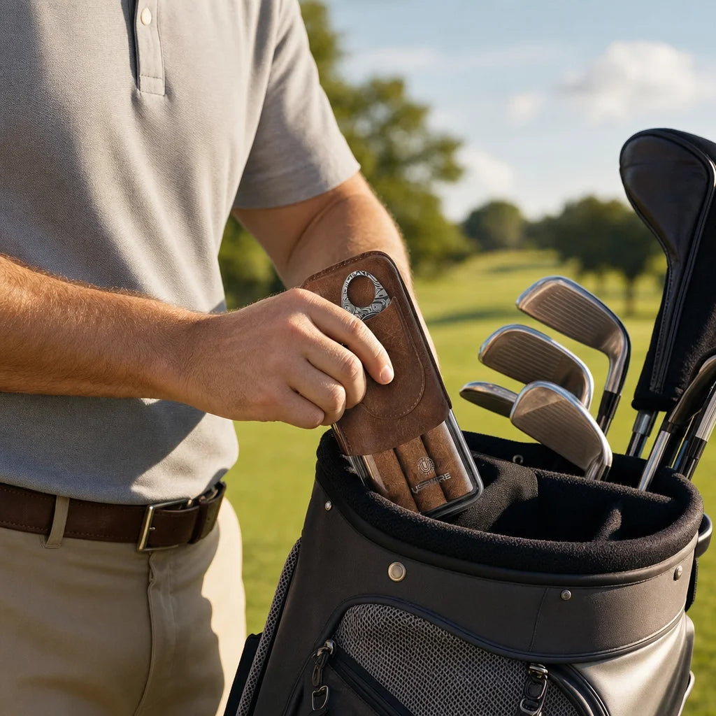 Acrylic cigar case open on a golf bag showing three cigars inside