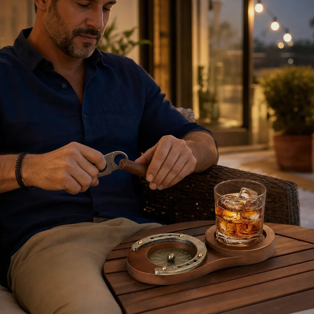 Horseshoe wooden cigar ashtray in use on a home bar with whiskey glass and cigar resting in slot
