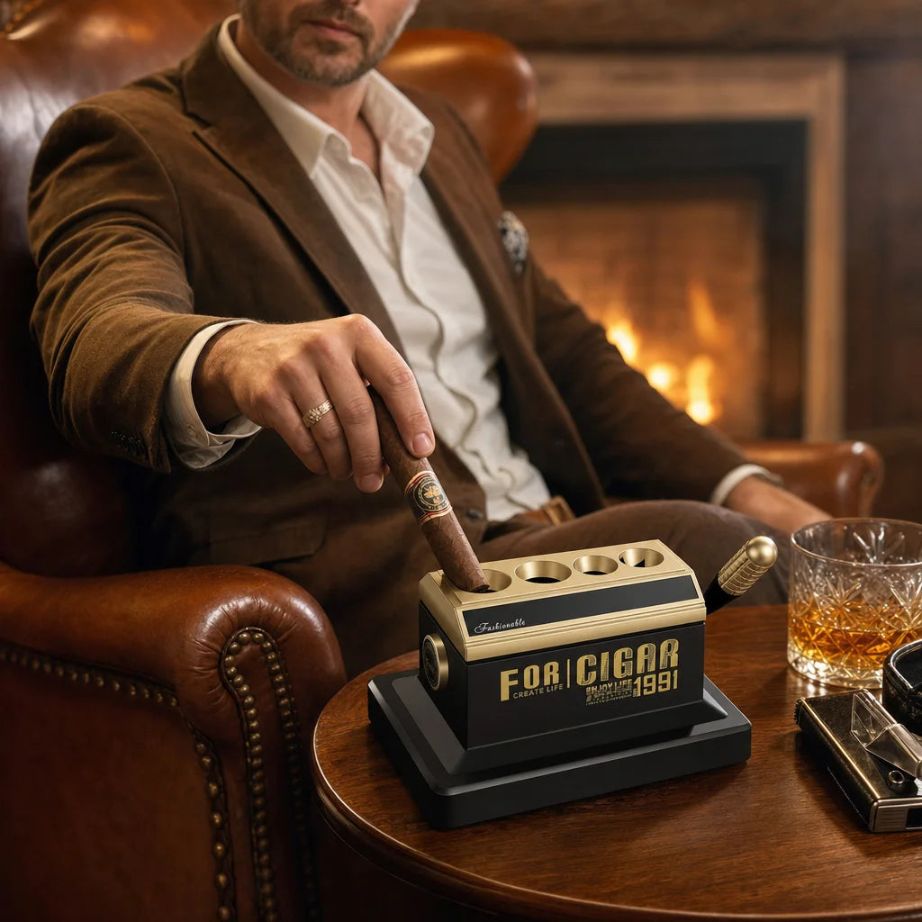 Scotte desktop cigar cutter in use on a wooden desk beside a 60 ring gauge cigar