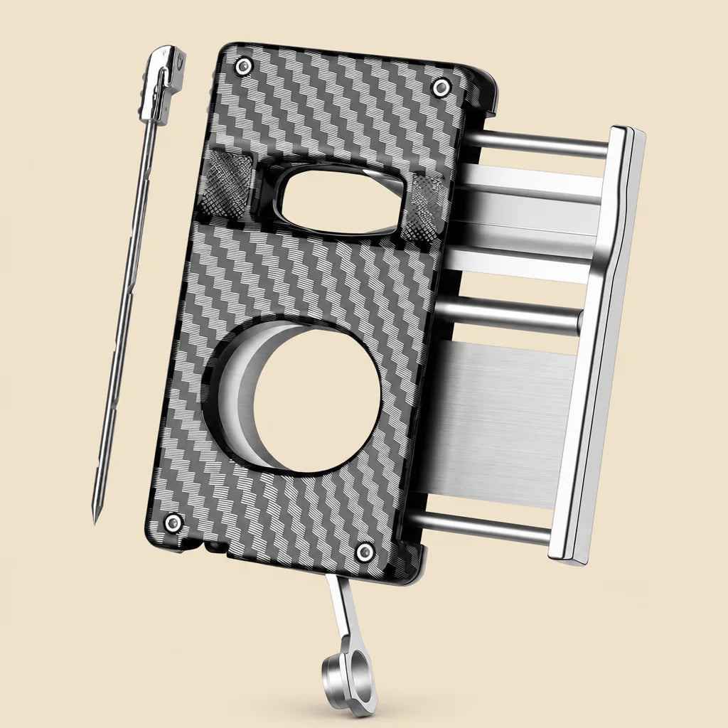 5-in-1 cigar cutter set in carbon fiber finish with gift box, packshot