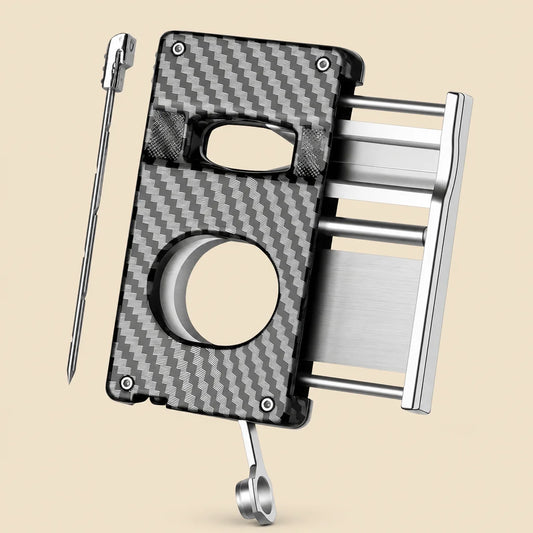 5-in-1 cigar cutter set in carbon fiber finish with gift box, packshot