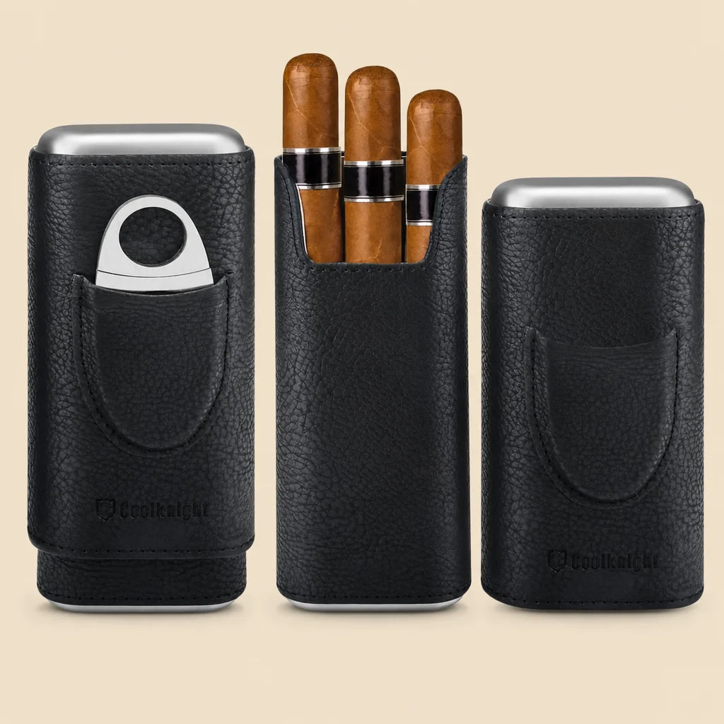 Leather cigar travel case closed, black PU exterior with cedar lining visible