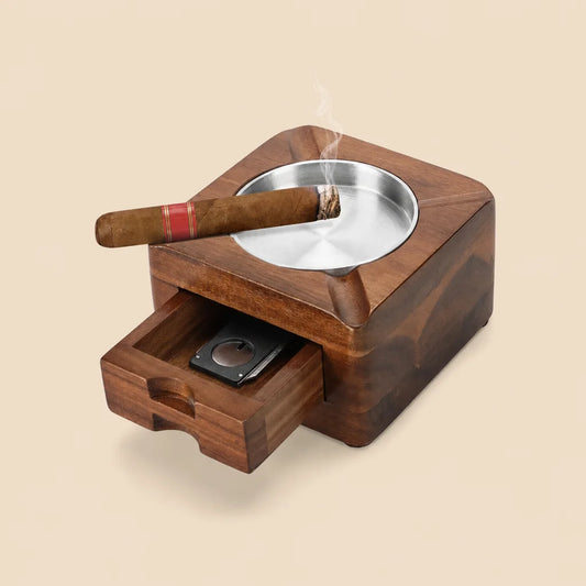 Wooden cigar ashtray with 4 slots and side accessory drawer, square brown finish, front view