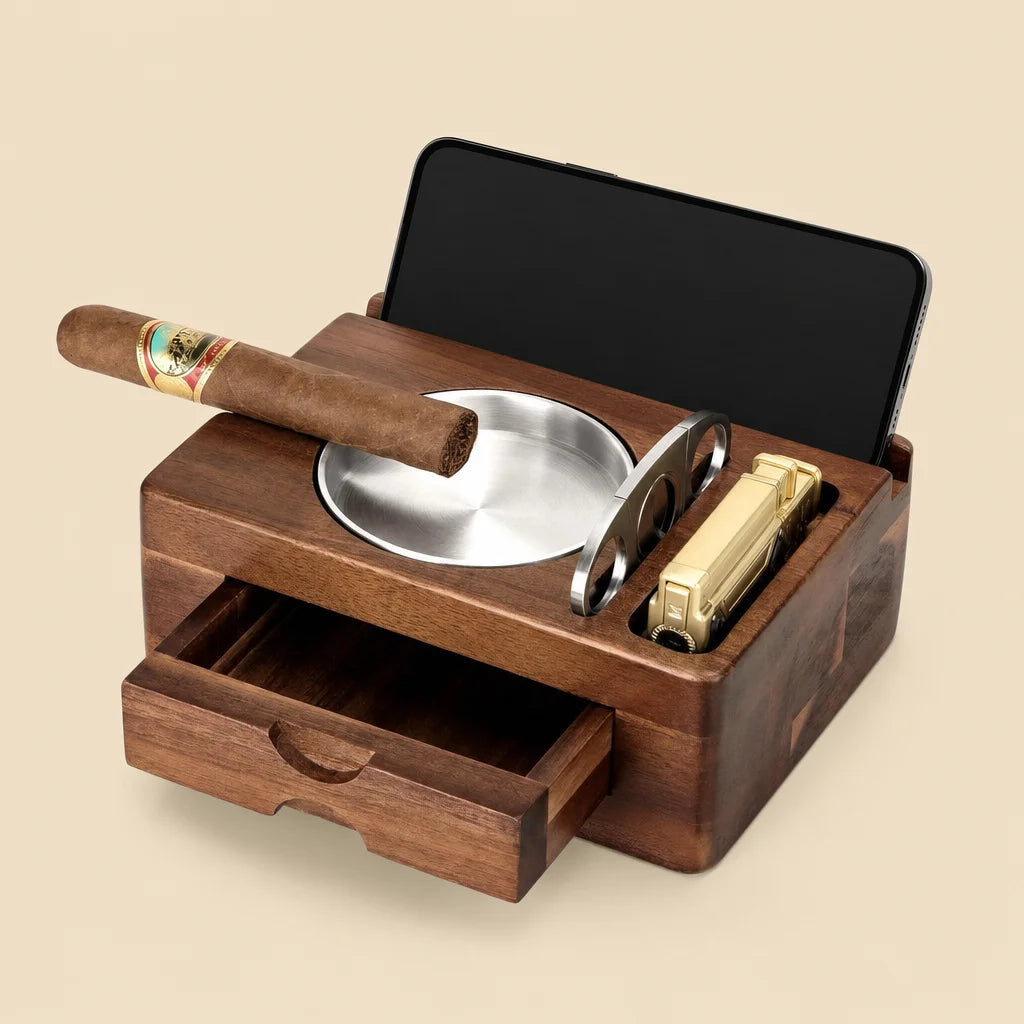 Wooden cigar ashtray with drawer and phone holder, front view on desk