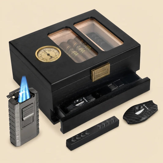 Cedar wood cigar humidor with glass top lid and metal locking clasp, brown finish