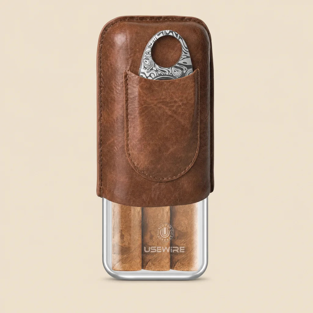 Acrylic travel cigar case closed, brown leather wrap, front view