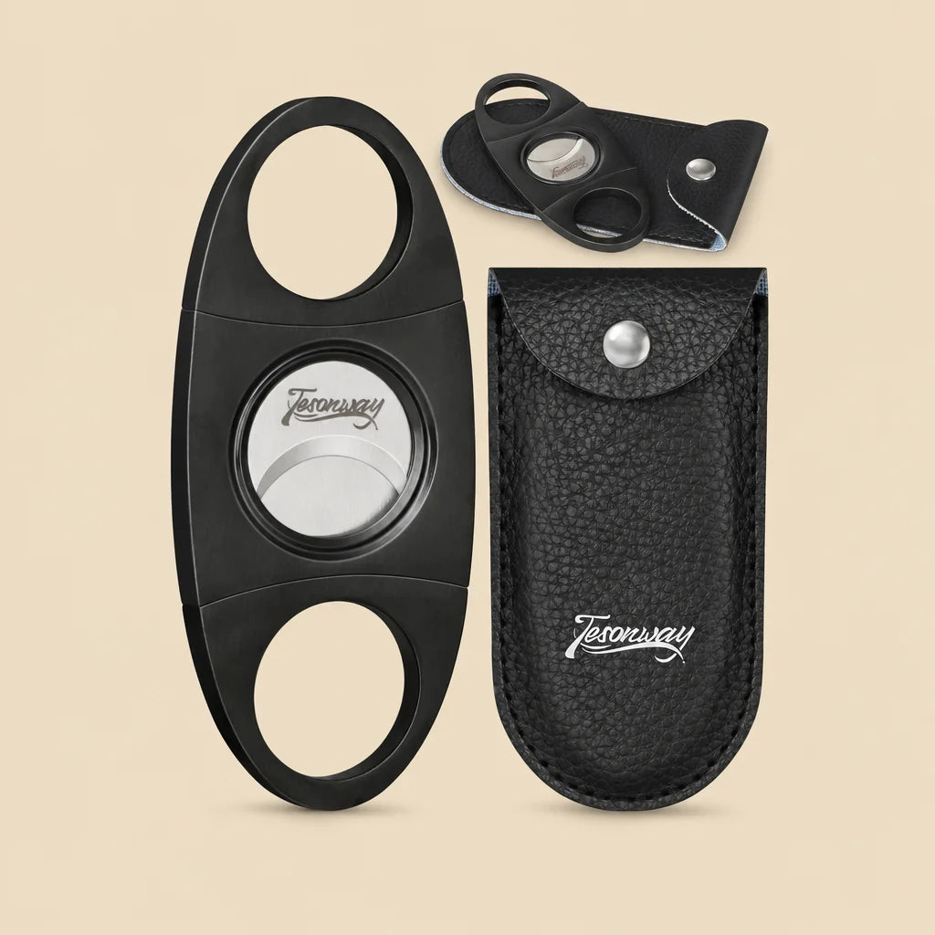 Tesonway stainless steel guillotine cigar cutter with black PU leather case, front view
