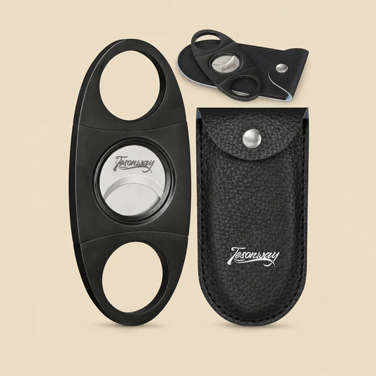 Tesonway stainless steel guillotine cigar cutter with black PU leather case, front view