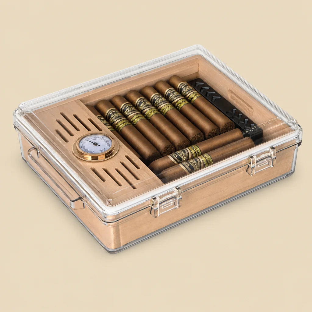 Clear acrylic cigar humidor with hygrometer and cedar wood tray, front view