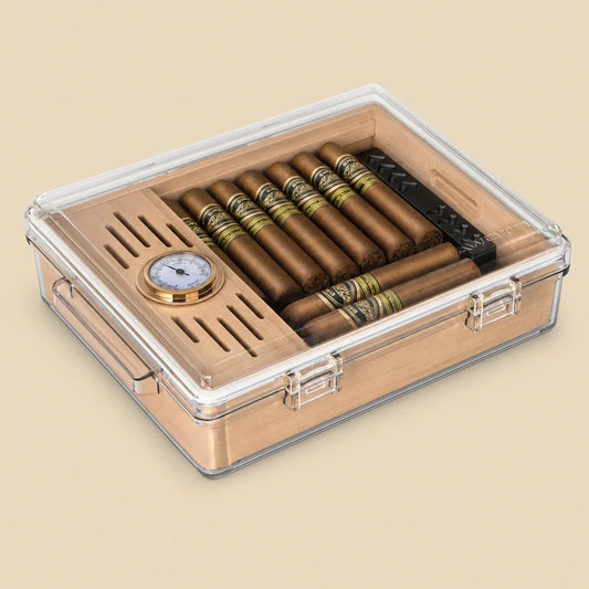 Clear acrylic cigar humidor with hygrometer and cedar wood tray, front view