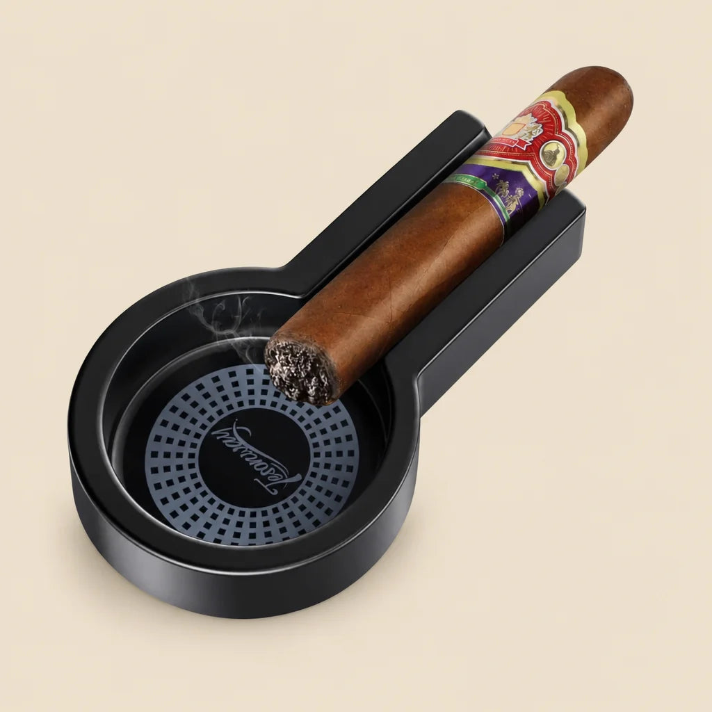Portable cigar ashtray with V-cut cutter set and punch, 4-piece kit in black
