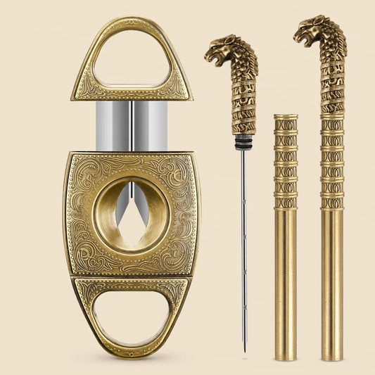 Scotte V-cut cigar cutter gold finish and draw enhancer needle in gift box, packshot